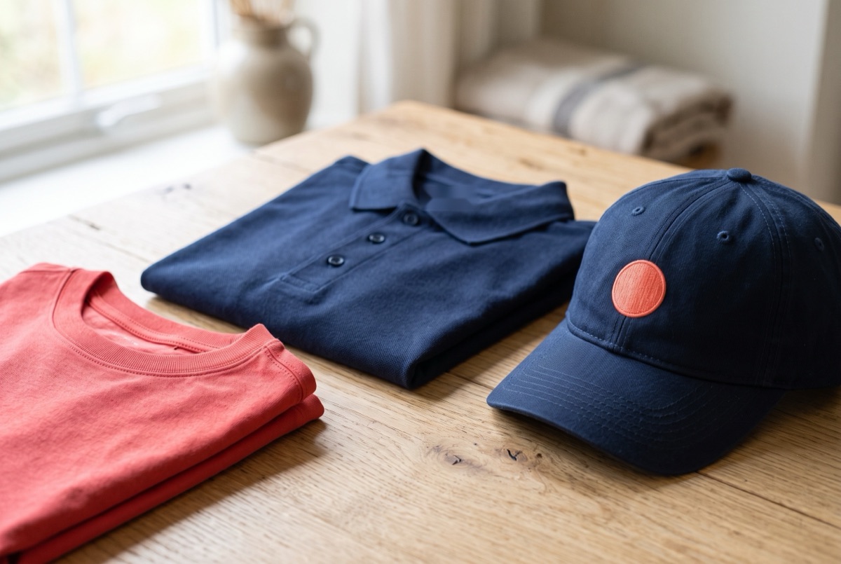 A folded coral t-shirt, a navy polo and a navy cap with a coral embroidered patch on an oak table.