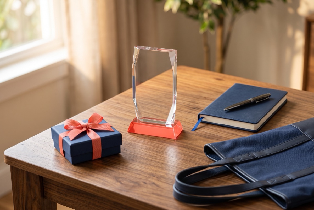 A glass award with a coral base, a navy journal, a wrapped gift box and a navy tote on a walnut desk.