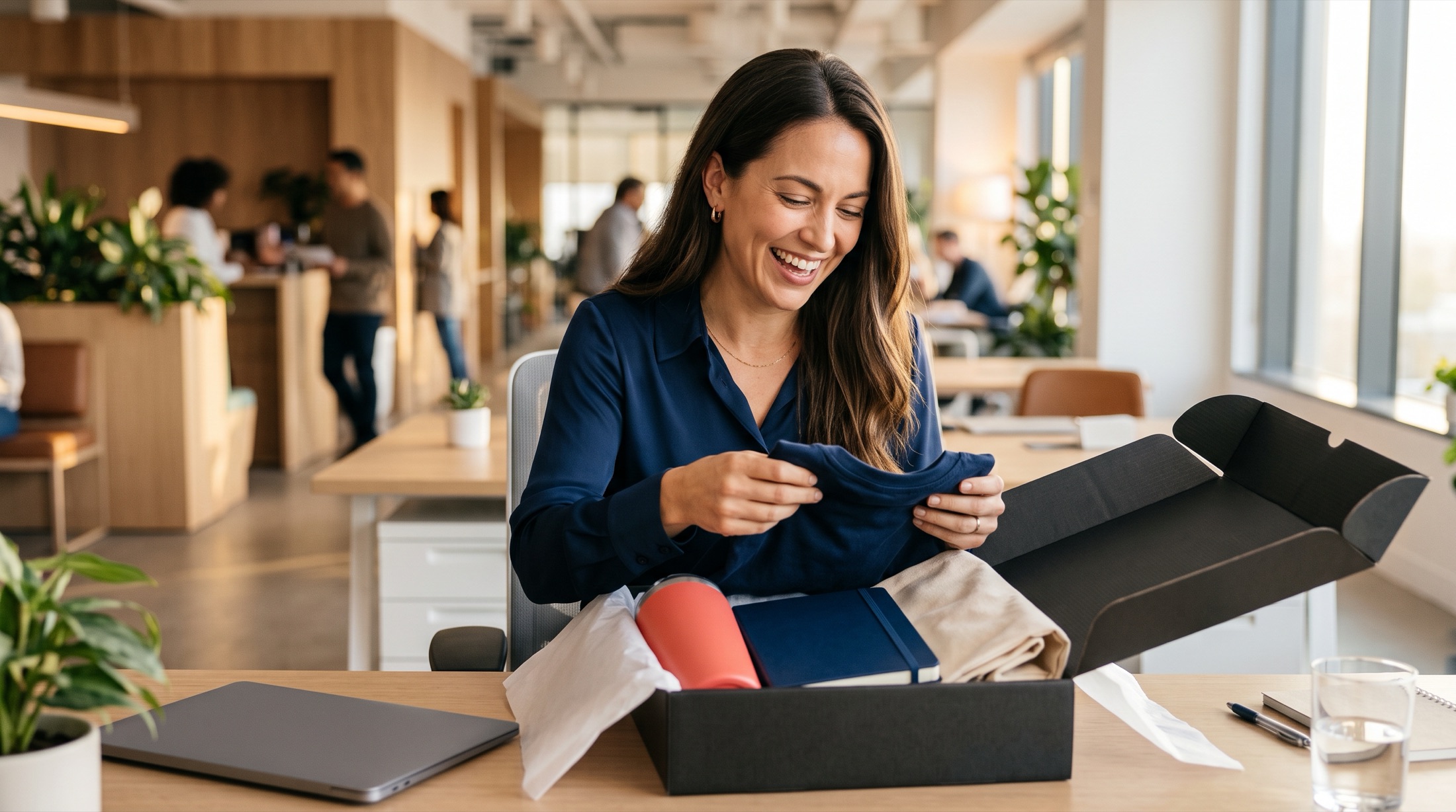 A smiling employee unboxing a welcome kit with a coral tumbler, navy notebook and folded t-shirt at a bright office desk.