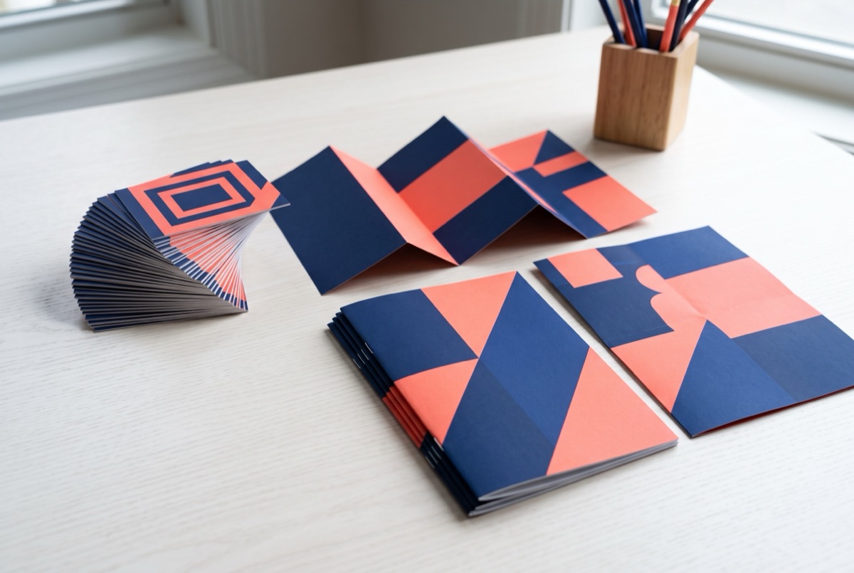Business cards, a folded brochure and booklets printed in navy and coral geometric designs.