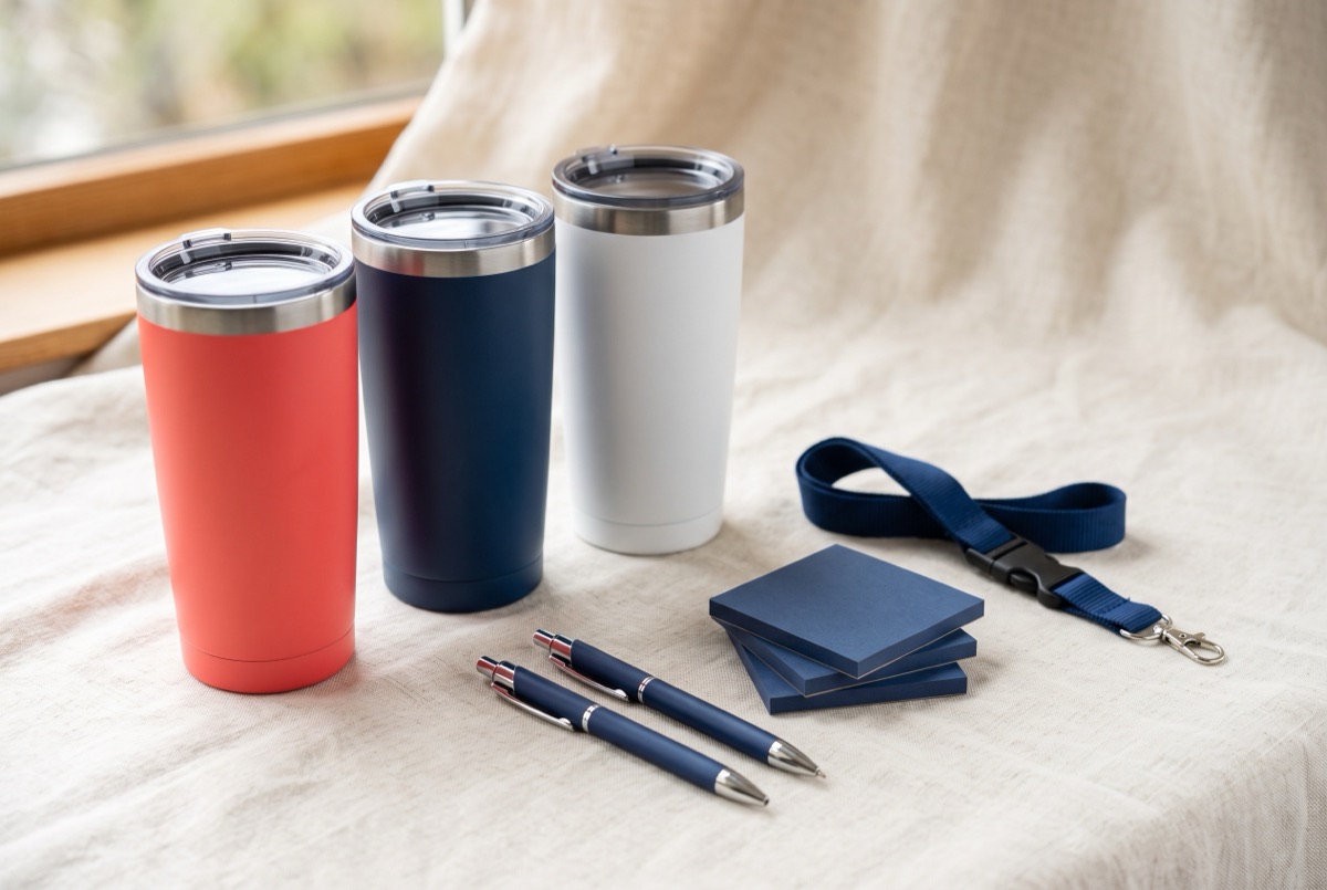 Coral, navy and white insulated tumblers with navy pens, sticky-note pads and a lanyard on cream linen.